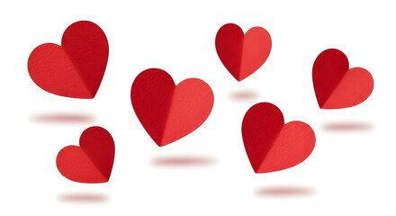Six Red Paper Hearts Floating with Soft Shadows