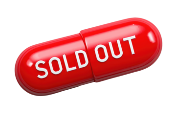 Red pill shaped SOLD OUT button with white uppercase text, glossy UI finish, rounded corners, and subtle depth shadow with crisp clean edges isolated on transparent background.