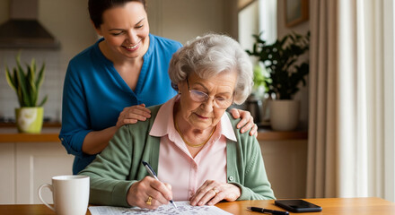 An elderly Caucasian woman, wearing glasses, a pale pink collared shirt under a green cardigan, and a gold necklace, is seated at a wooden table