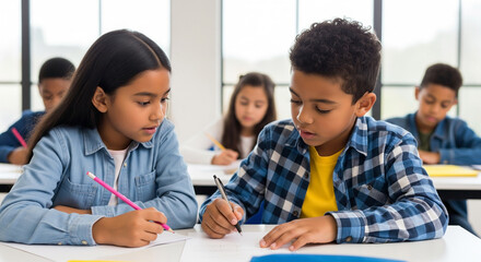 Two elementary school-aged children of mixed ethnicities are the primary subjects, seated at a desk in a classroom setting
