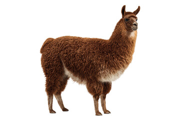 Obraz premium Llama standing with thick wool coat, long neck, detailed curly fur texture, soft facial features, and sturdy legs with realistic shading isolated on transparent background.