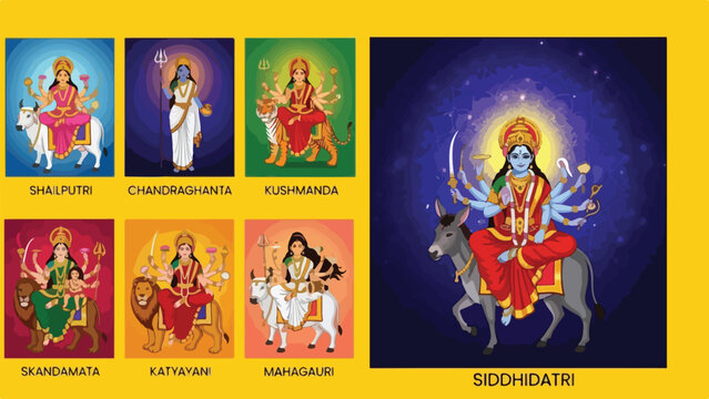 Navadurga goddesses vector illustration set, Hindu deities, religious festival, spiritual artwork, Durga Puja, isolated on white