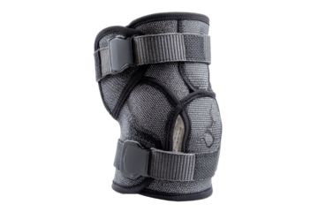 Supportive orthopedic knee brace with adjustable straps and Velcro closures, breathable fabric texture, reinforced side stabilizers, and realistic stitching with contoured fit shape isolated on transp