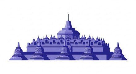 A stunning blue architectural illustration of a temple complex with multiple towers and spires