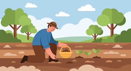 Vector illustration of a USA farmer planting seeds by hand, representing early crop growth, sustainable farming practices, and rural agriculture in flat vector style