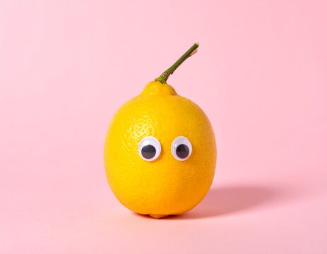 Lemon with Eyes: A zesty lemon comes to life with googly eyes, posing against a soft pink backdrop, a playful and vibrant composition.