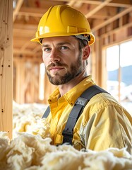 Construction worker in yellow hardhat in framed wooden structure, insulating with fluffy material