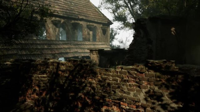 A weathered stone building stands overgrown in a foggy forest, with trees encroaching around its crumbling walls, creating an atmosphere of quiet abandonment and mystery.