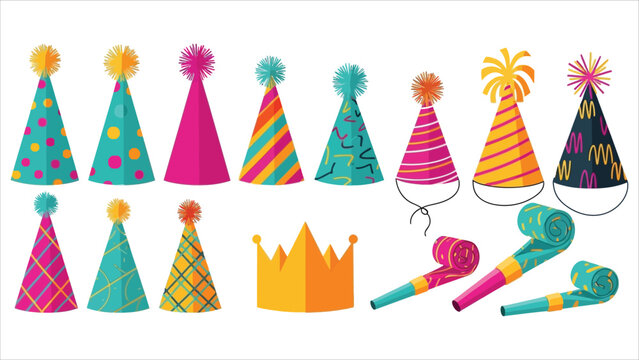 Hand Drawn Birthday Party Hats and Party Blowers Set.eps
