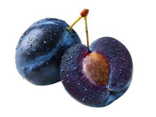 Vibrant close-up of fresh plums, one whole and one cut in half, glistening with water droplets Isolated Transparent Background, PNG