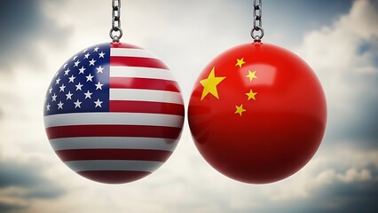 Two spherical pendants with American and Chinese flags against a cloudy sky background American flag
