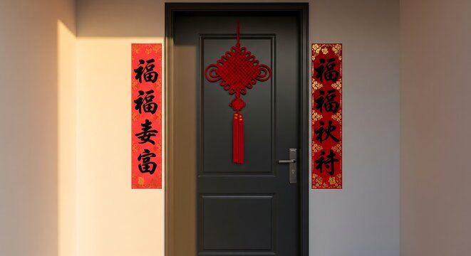 A dark gray door adorned with traditional Chinese New Year decorations, including red couplets and a large knot ornament, illuminated by soft sunlight.