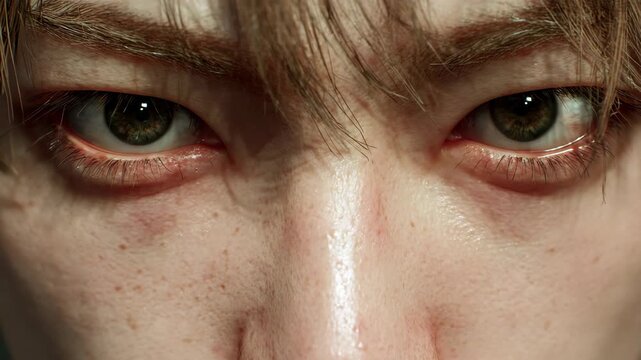 Macro close up of young Asian man face with hyper realistic skin texture, pores, and serious emotional expression.