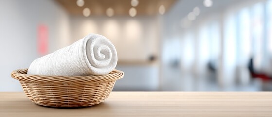 Stack of white towels in a basket on a table in a bathroom with a blurred background, space available for product display