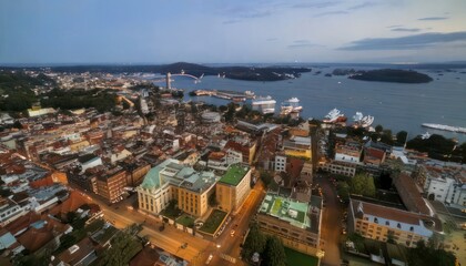 Fototapeta premium Aerial view of Helsinki, Finland at dusk with city lights.