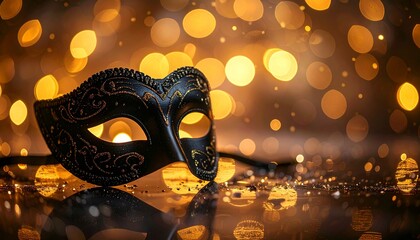 Elegant black masquerade mask rests on a reflective surface surrounded by warm golden bokeh lights creating a mysterious atmosphere event