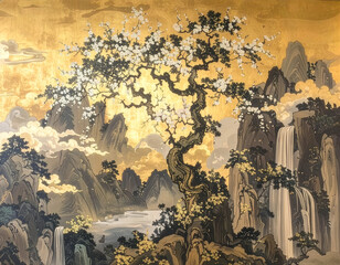 Naklejka premium 桜 Sakura 050 Grand Japanese Landscape with Golden Clouds, Waterfalls, and Cherry Blossoms in Kano Style（狩野派様式で描かれた金色の雲と滝、桜が彩る壮大な日本の風景画）