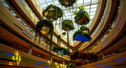 Obraz premium An awe-inspiring atrium showcases sophisticated Low Carbon Construction Materials through hanging lush plant installations, creating an eco-friendly architectural marvel with a unique aesthetic