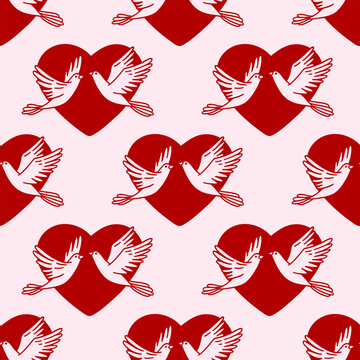 Seamless pattern of dove couple birds and red heart. Symbol of love, romantics, relationship. Background for Happy Valentine Day, wedding