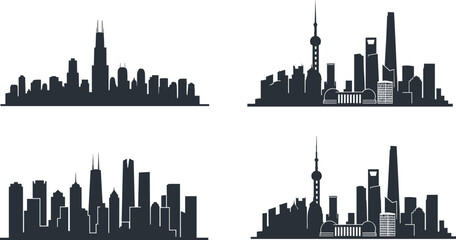 Obraz premium Black City Skyline Silhouettes Set with Modern Urban Skyscraper Profiles and Metropols Architecture Horizons Isolated on White Background for Real Estate Vector Graphic Design
