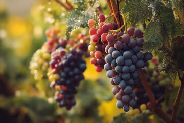 Fresh Vineyard Grapes Cluster Backlit with Morning Dew - Agricultural Harvest Detail