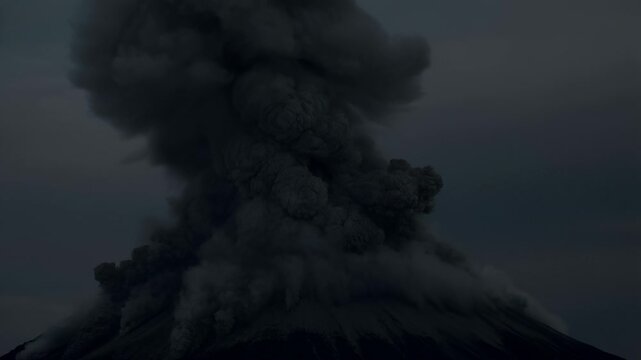 A dramatic video of a volcanic eruption with a massive cloud of smoke and ash rising into the sky
