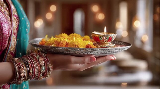 An Indian woman in colorful national festive clothing and jewelry holds a tray with burning candles and bright marigolds. National traditions. Tihar Festival, Deepavali, Festival of Lights