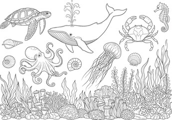 Ocean animals line art collection with whale turtle octopus jellyfish coral reef detailed outline vector illustration