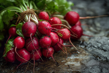 Fresh Organic Radishes Harvest - Vibrant Red Roots and Green Tops Freshly Pulled from Garden
