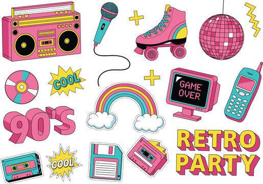 90s retro party icons collection with boombox roller skates disco ball cassette and vintage elements flat vector illustration