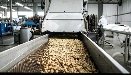 Conveyor belt transporting processed beans inside a factory setting with industrial machinery