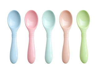 Colorful spoons in pastel shades arranged in a row, with a variety of pastel colors on the plastic spoons Isolated Transparent Background, PNG