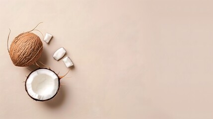 Fototapeta premium Minimalist flat lay of fresh coconut pieces with copy space.