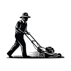 Silhouette of Man Mowing Lawn with Hat and Mower Keywords: man, mowing, lawn, grass, garden