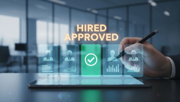 Business professional selecting hired candidate profile on digital tablet with holographic approved interface, visualizing talent acquisition recruitment, HR hiring data, and employment concept.