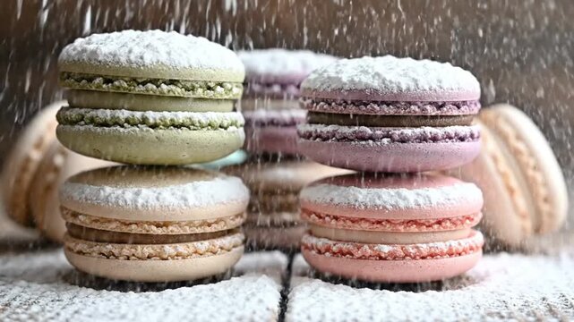 Colorful macarons stacked on a snowy surface with sugar falling around them, viewed from the front.