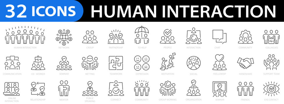 Human interaction 32 icon set. Connect, network, friends, human relationships, seminar, colleagues, people, chat, friends and more. Editable stroke. Vector illustration