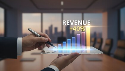 Business professional analyzing digital revenue growth chart with rising bars, symbolizing increased sales, financial performance, profit strategy, and successful business expansion.