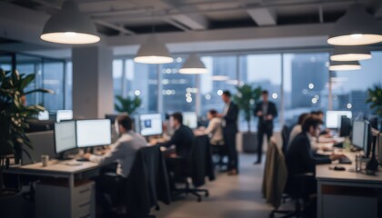 Obraz premium Teamwork, productivity, bright modern office, blurred background, employees working, business