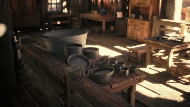 A cozy workshop features rustic wooden furniture, with a table displaying various pottery items and a large metal pot. Sunlight streams through the windows, illuminating the rooms warm tones.