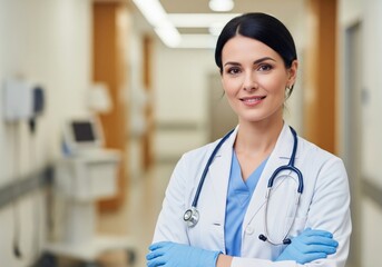 Portrait of a confident female doctor wearing a stethoscope and blue gloves in a hospital hallway.
