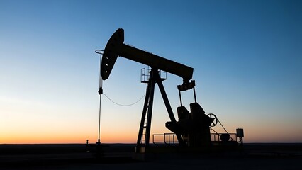 Silhouette of an oil pump jack at dusk in a flat landscape sunset