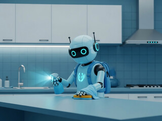 푸른색 로봇, 깨끗하게 주방을 청소하다