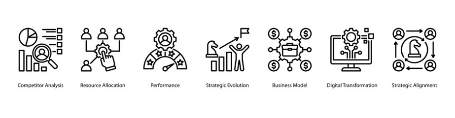 Strategic Alignment web banner vector illustration featuring Competitor Analysis, Resource Allocation, Performance, Strategic Evolution, Business Model, and Digital Transformation.