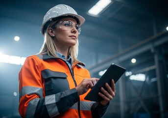 Professional female engineer in safety gear using tablet in modern industrial facility for inspection and management.