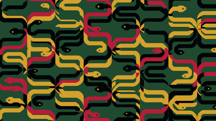Abstract seamless pattern of intertwined wavy lines in red, yellow, and black on a dark green background, creating a complex design.