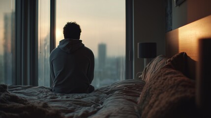 Man sitting on bed looking out window at city during sunset in urban apartment setting