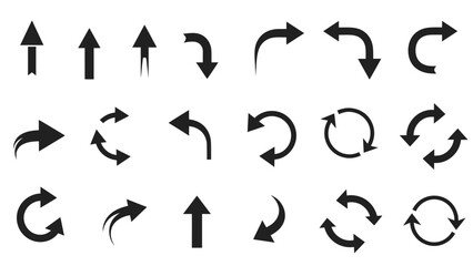 Comprehensive set of black arrows in various styles, including curved, straight, and circular, for navigation on an isolated white background.