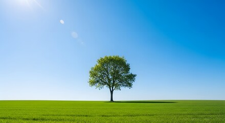 Obraz premium A single, lush green tree commands the center of a wide-open, verdant field, illuminated by the bright sun in a clear, deep blue sky, representing growth and tranquility