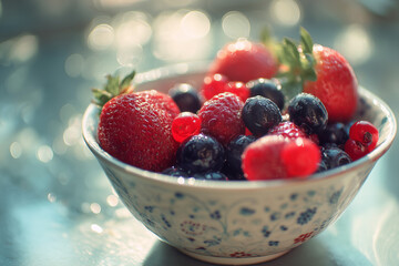 Fresh Mixed Berries in Ceramic Bowl - Colorful Blueberries and Strawberries Gourmet Food Photography